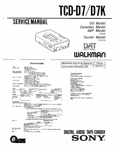 SONY TCD D7 SERVICE MANUAL OF DAT (DIGITAL AUDIO TAPE) SONY PORTABLE TCD D7